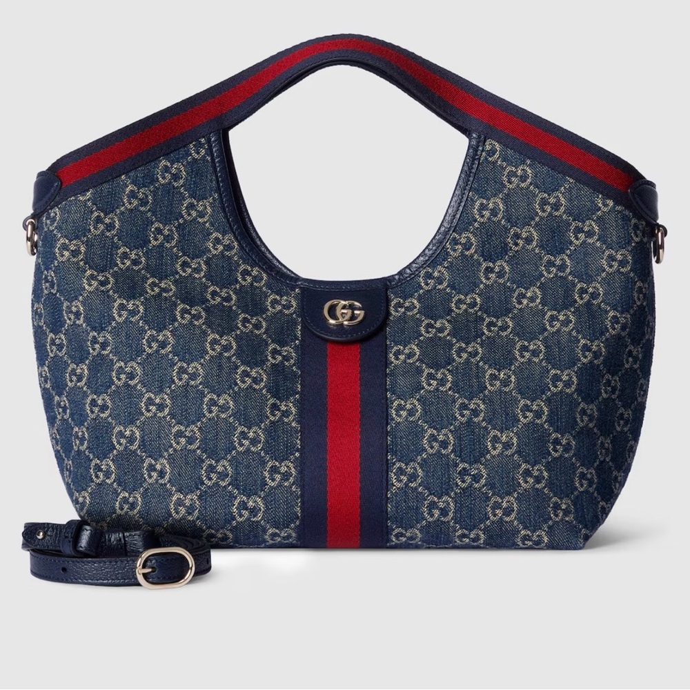 Gucci Giglio Blue GG Denim Shoulder Bag with Red Stripe